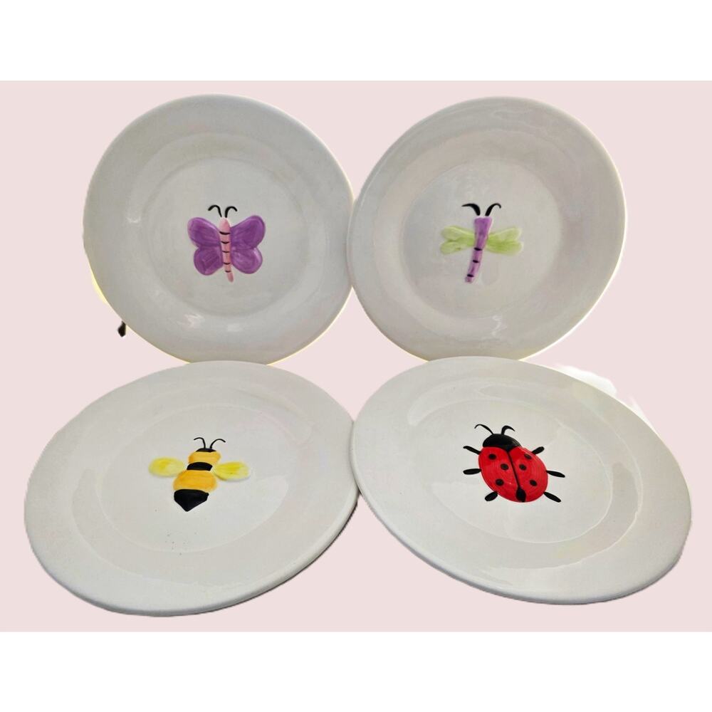 Plates-Salad/Dessert-PAI-Hand Painted-Bee-Butterfly-Dragonfly-Ladybug-Set 4